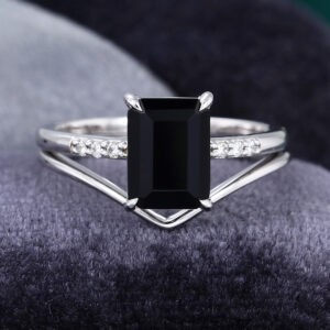 COOLRINGJEWELRY sterling silver Emerald cut Black Onyx engagement ring set Diamond Cluster white gold engagement ring Unique Curved band art deco Bridal