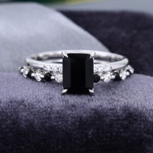 COOLRINGJEWELRY Emerald cut Black Onyx engagement ring vintage White gold Moissanite /Diamond &Black Onyx Cluster Half eternity band Bridal set anniversary