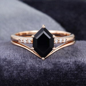 COOLRINGJEWELRY 2 piece Hexagon cut Black Onyx wedding set Rose gold diamond engagement ring Minimalist 14k gold ring Unique vintage Bridal ring