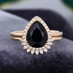 COOLRINGJEWELRY Pear Shaped Black Onyx Rose Gold Engagement Ring Set